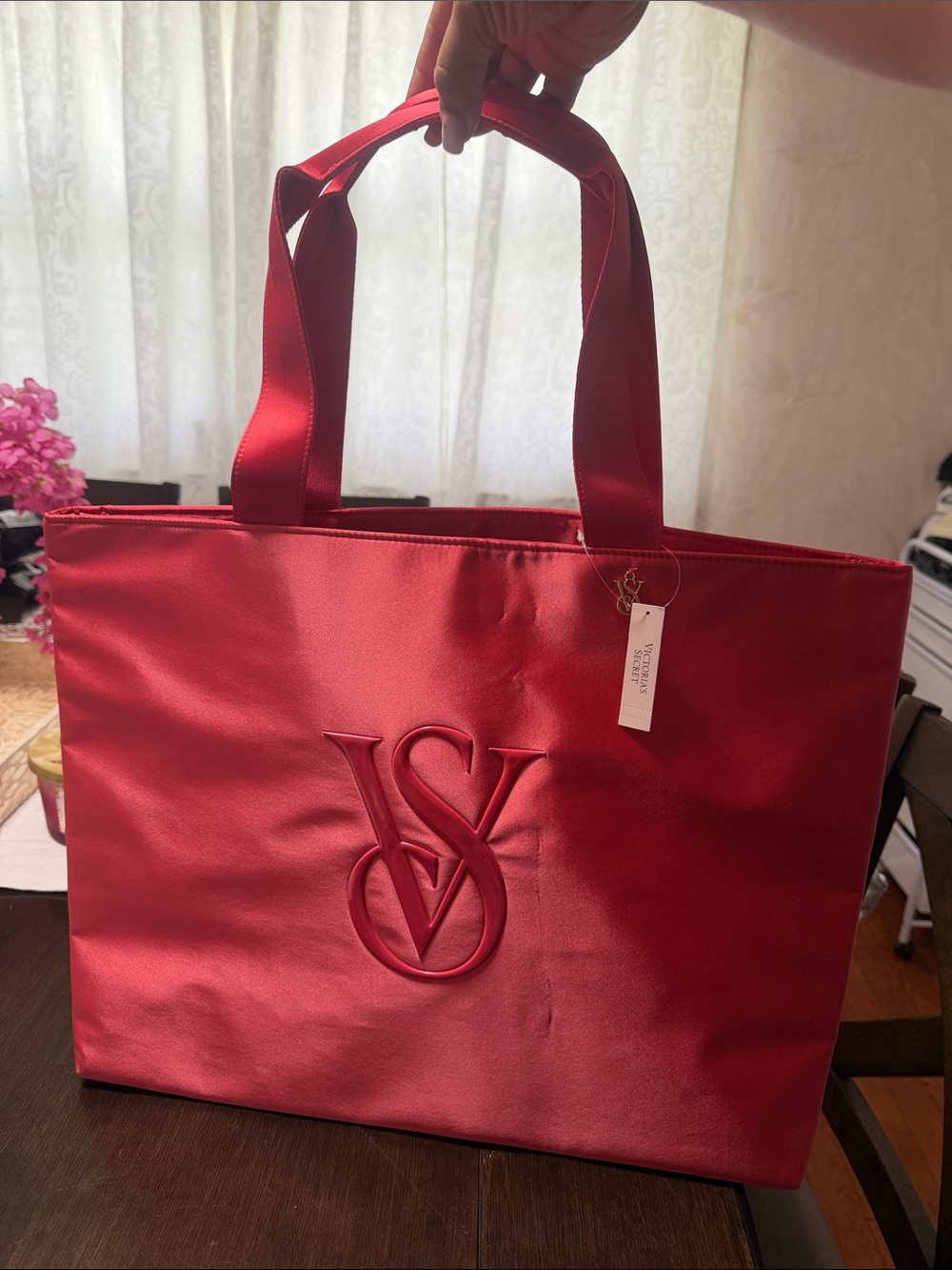 Victoria's Secret Red Satin Embossed VS Tote Bag